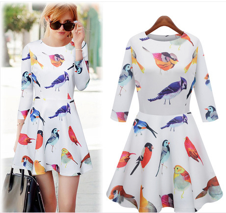 F66631-1   Lady Vintage Bird Print 3-4 Sleeve Cocktail Party Dress